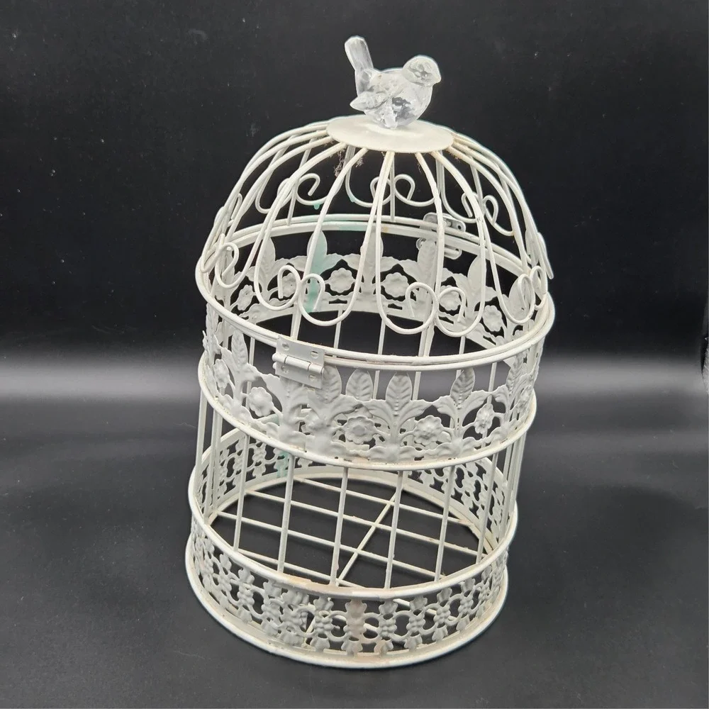 Vintage White Metal Bird Cage with Crystal Clear Bird on Top Cottagecore